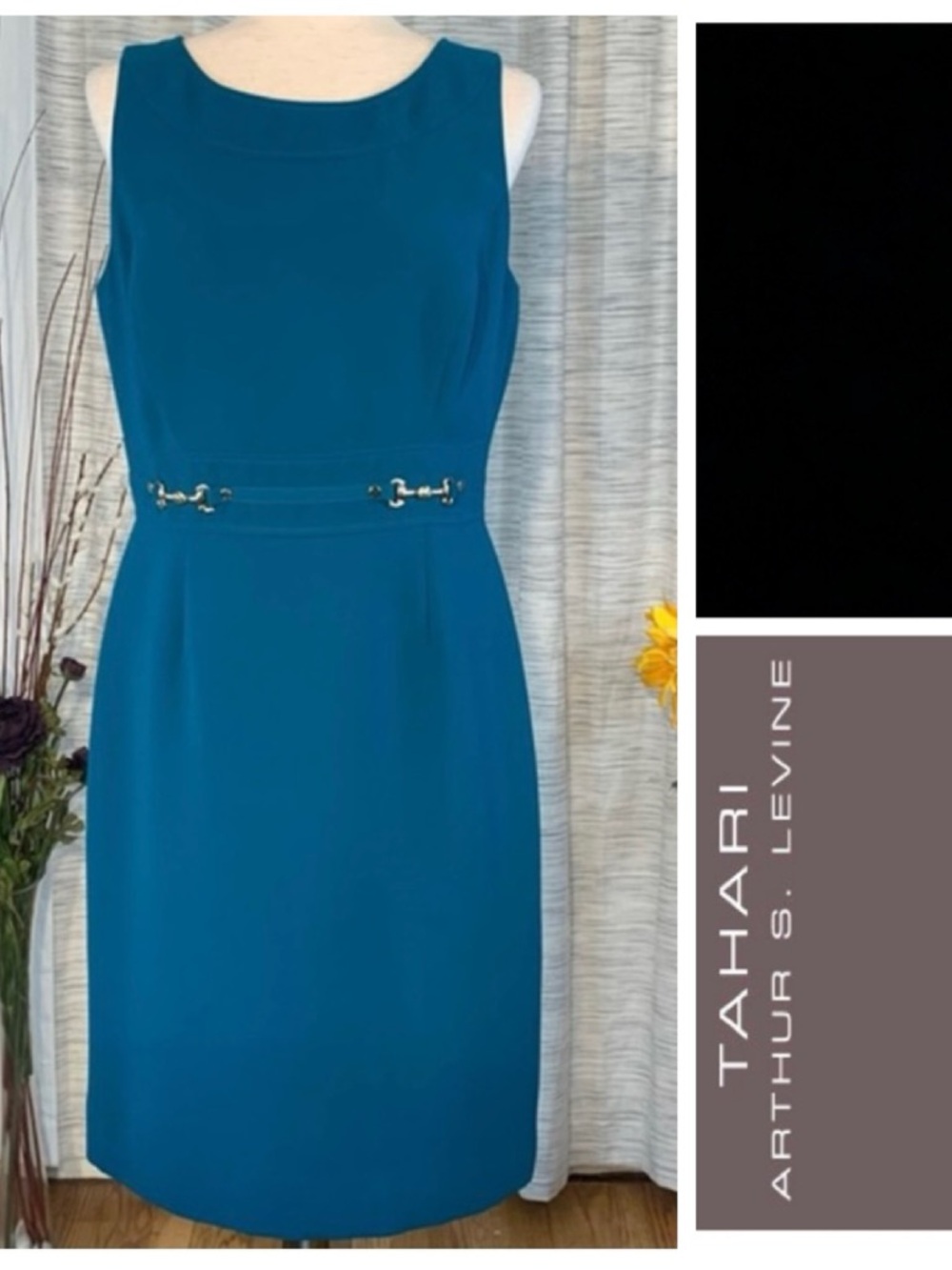 Tahari ASL solid blue (teal) sleeveless sheath dress.